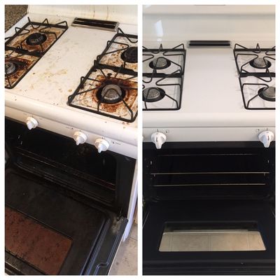 Before and after deep clean of a white gas range and oven