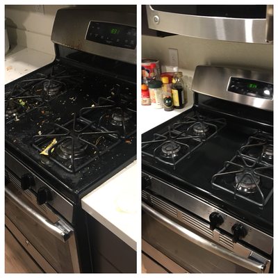 Before and after deep clean of a black gas range